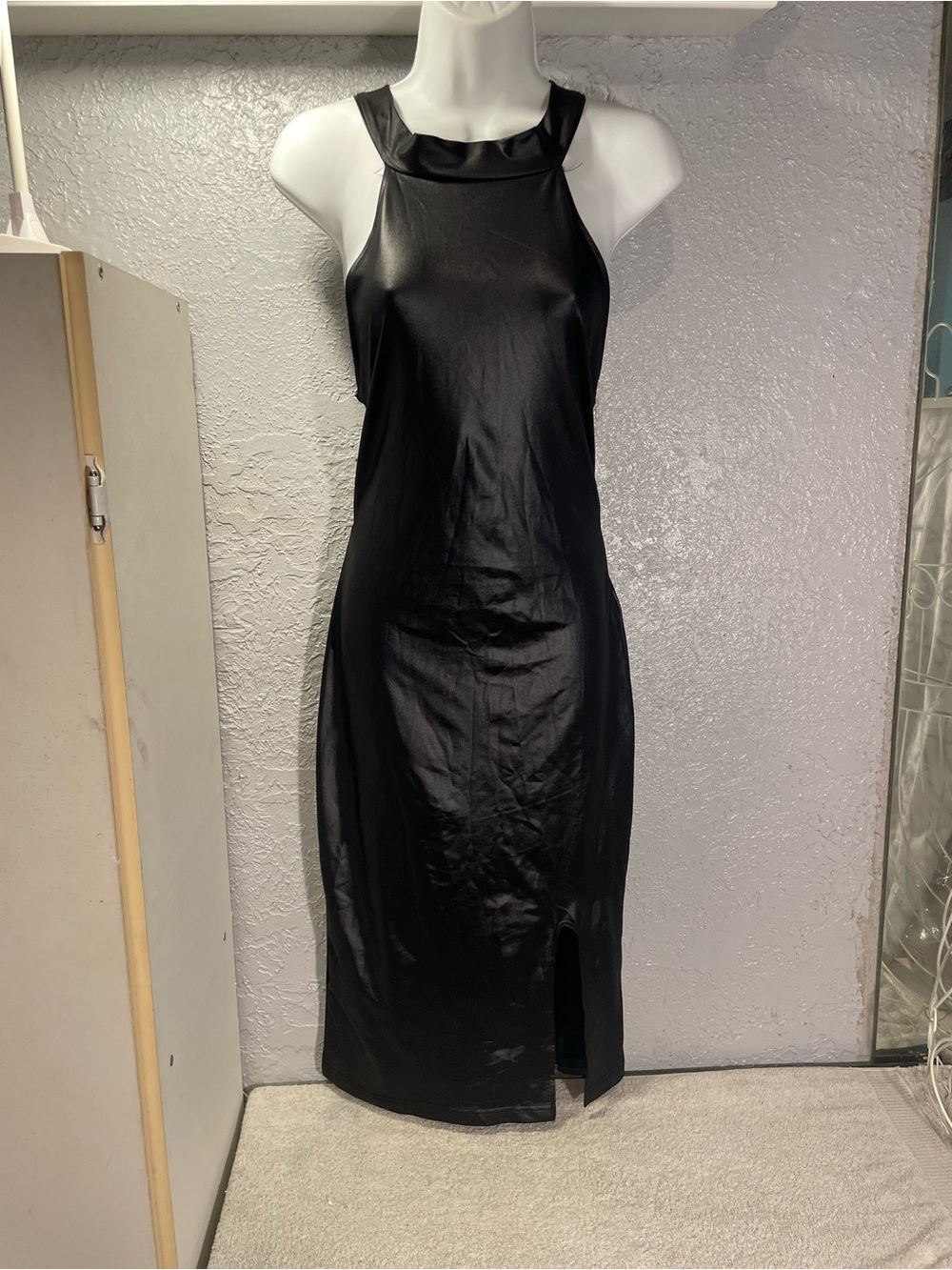 Black Satin Halter Midi Dress